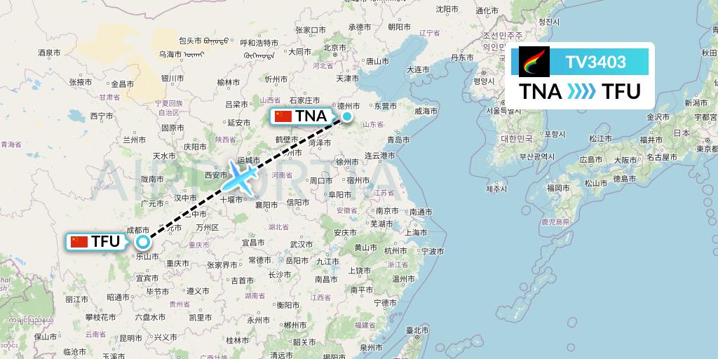 TV3403 Tibet Airlines Flight Map: Jinan to Chengdu