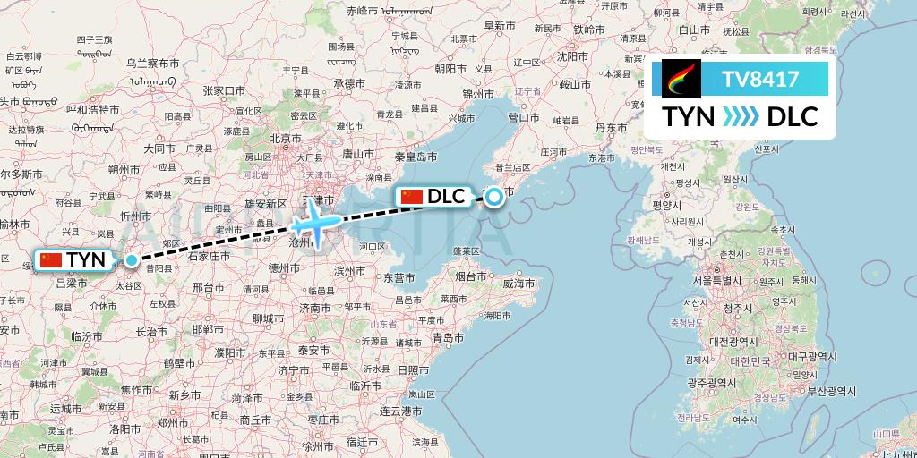 TV8417 Tibet Airlines Flight Map: Taiyuan to Dalian