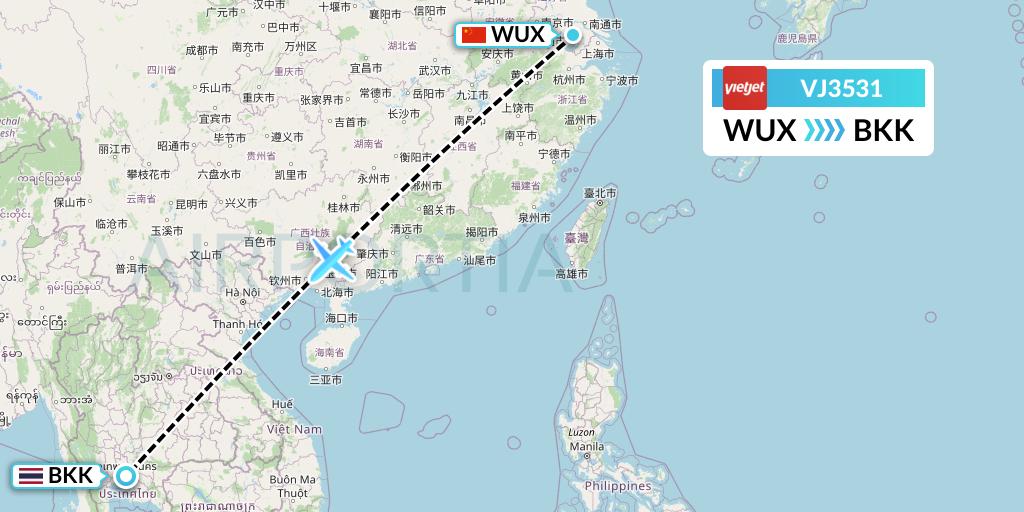 VJ3531 VietJet Air Flight Map: Wuxi to Bangkok
