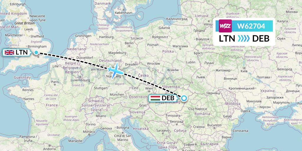 W62704 Wizz Air Flight Map: London to Debrecen
