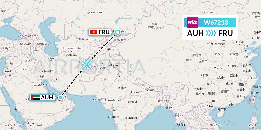 W67213 Wizz Air Flight Map: Abu Dhabi to Bishkek
