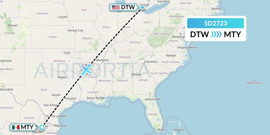 5D2723 Aeromexico Connect Flight Map: Detroit to Monterrey