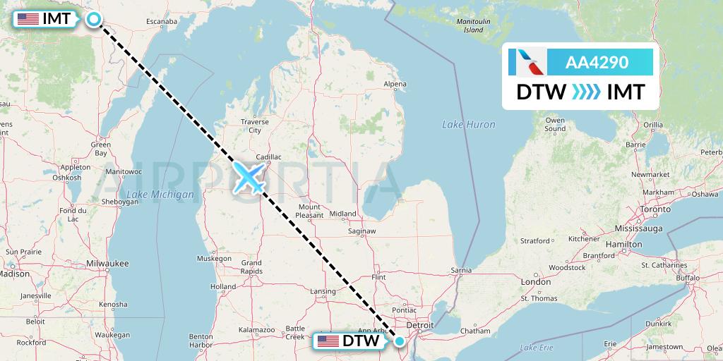 AA4290 American Airlines Flight Map: Detroit to Iron Mountain Kingsford