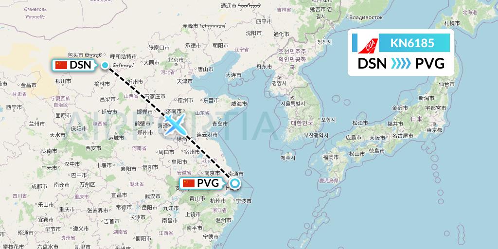 KN6185 China United Airlines Flight Map: Dongsheng to Shanghai