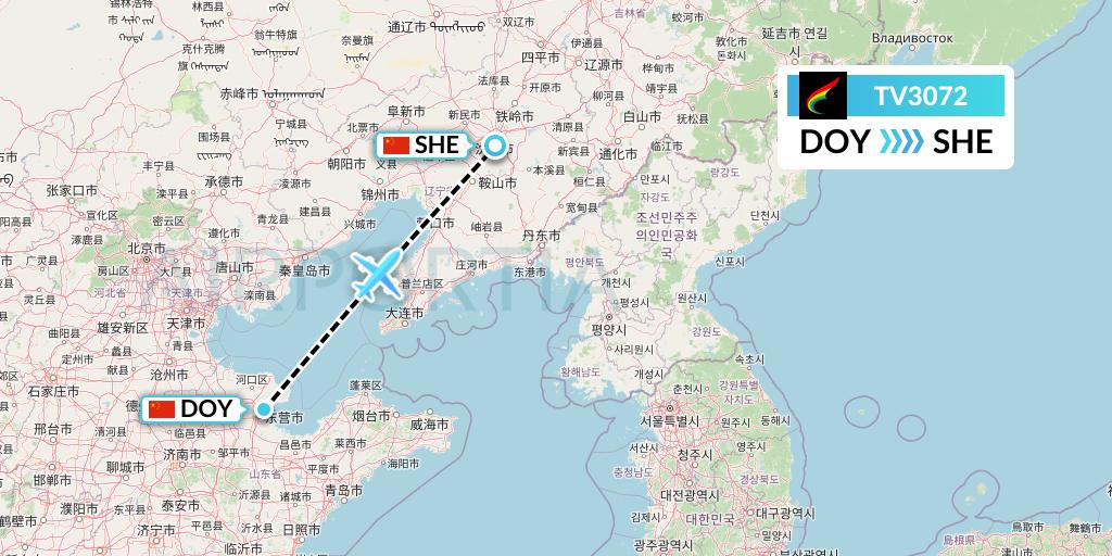 TV3072 Tibet Airlines Flight Map: Dongying to Shenyang