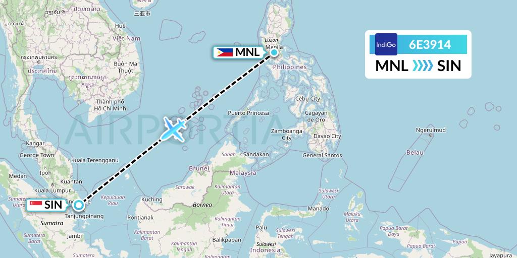 6E3914 IndiGo Airlines Flight Map: Manila to Singapore