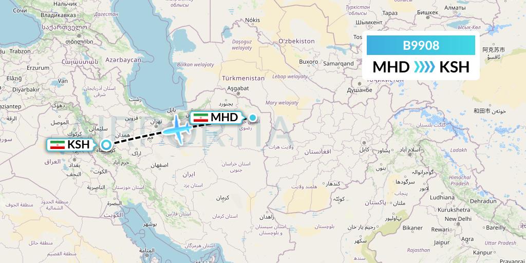 B9908 Iran Air Tours Flight Map: Mashhad to Kermanshah