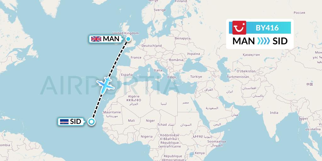 BY416 TUI Airways Flight Map: Manchester to Espargos