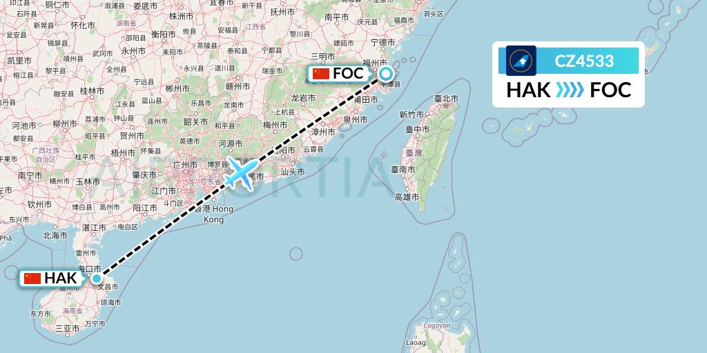 CZ4533 China Southern Airlines Flight Map: Haikou to Fuzhou