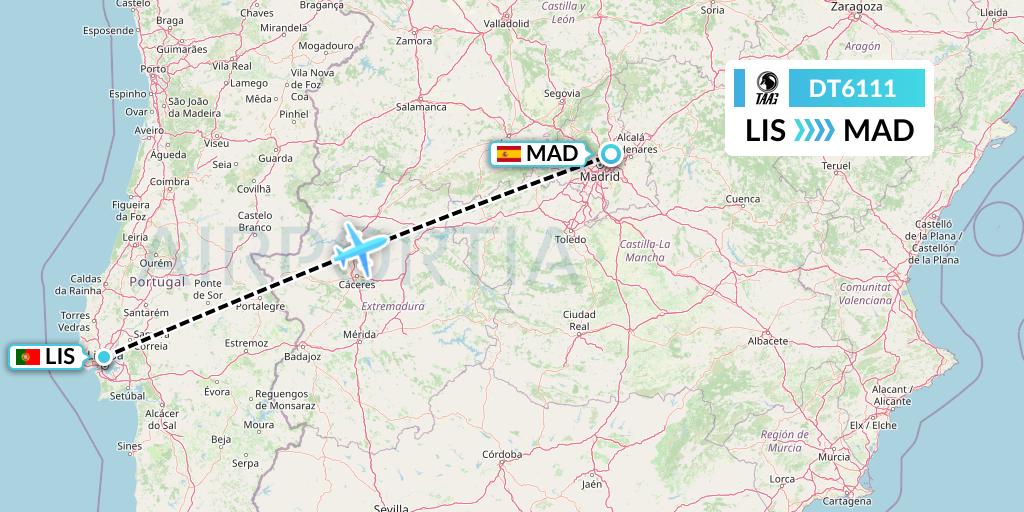 DT6111 TAAG Angola Airlines Flight Map: Lisbon to Madrid