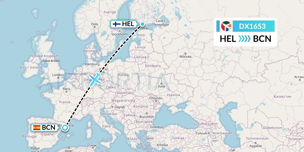 DX1653 Danish Air Transport Flight Map: Helsinki to Barcelona