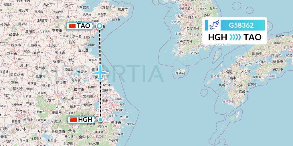 G58362 China Express Airlines Flight Map: Hangzhou to Qingdao