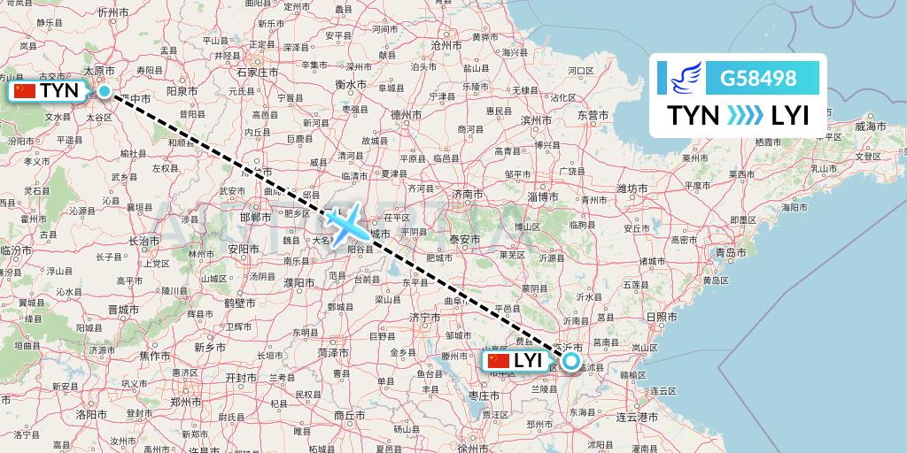 G58498 China Express Airlines Flight Map: Taiyuan to Linyi