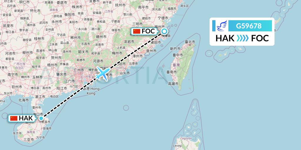 G59678 China Express Airlines Flight Map: Haikou to Fuzhou
