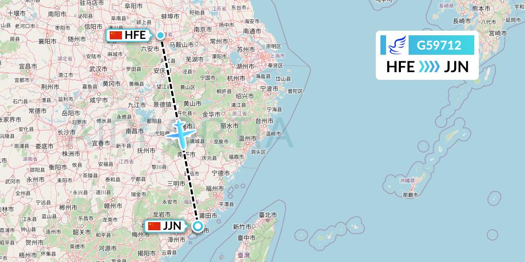 G59712 China Express Airlines Flight Map: Hefei to Jinjiang