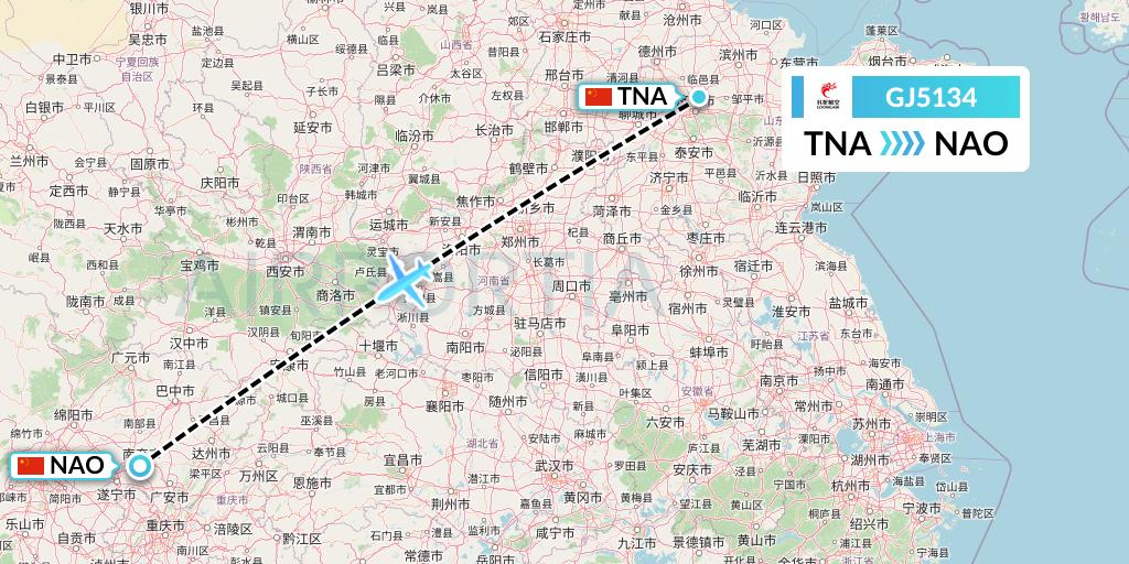 GJ5134 Loong Airlines Flight Map: Jinan to Nanchong