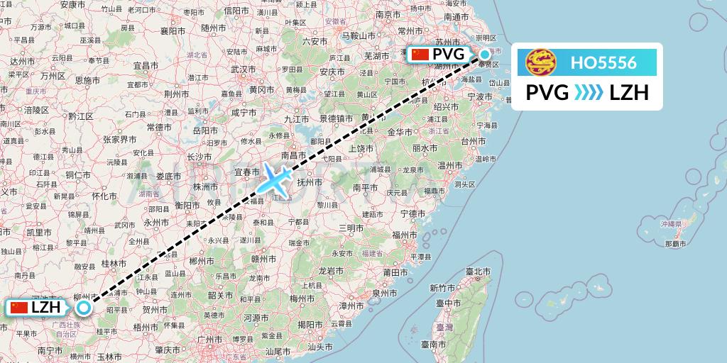 HO5556 Juneyao Airlines Flight Map: Shanghai to Liuzhou