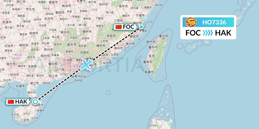HO7336 Juneyao Airlines Flight Map: Fuzhou to Haikou
