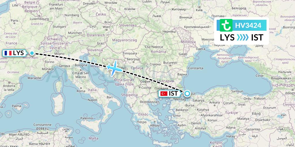 HV3424 Transavia Flight Map: Lyon to Istanbul