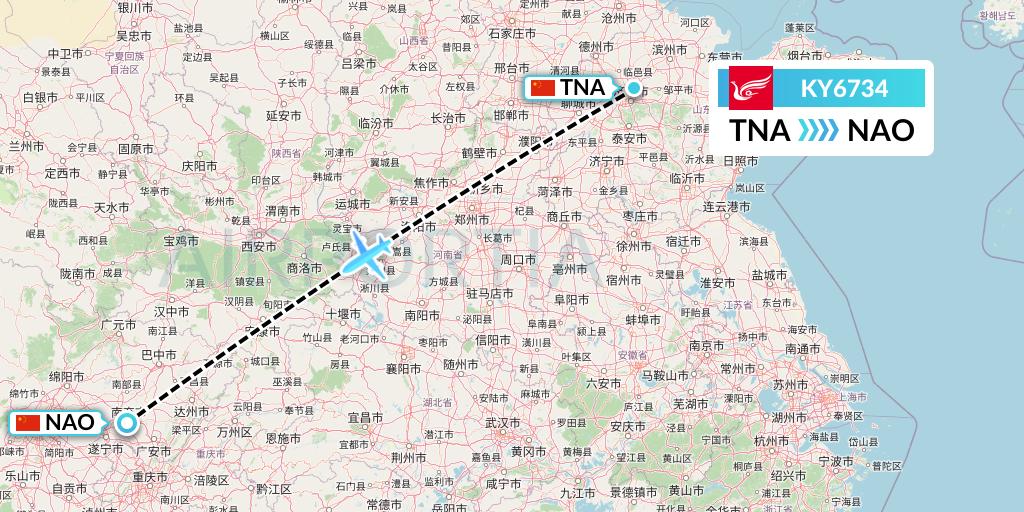 KY6734 Kunming Airlines Flight Map: Jinan to Nanchong