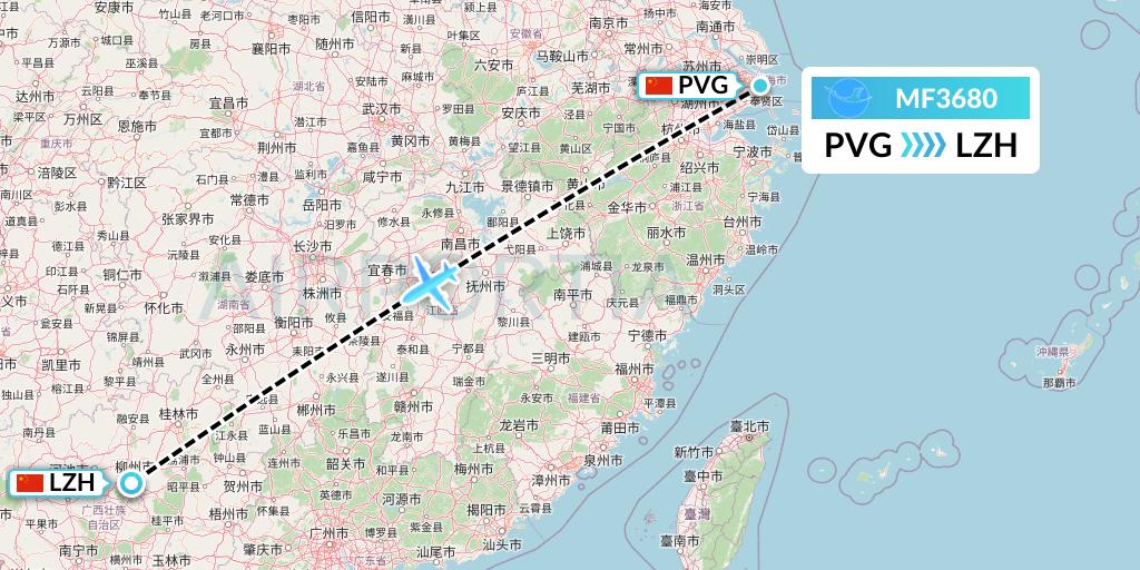 MF3680 Xiamen Airlines Flight Map: Shanghai to Liuzhou