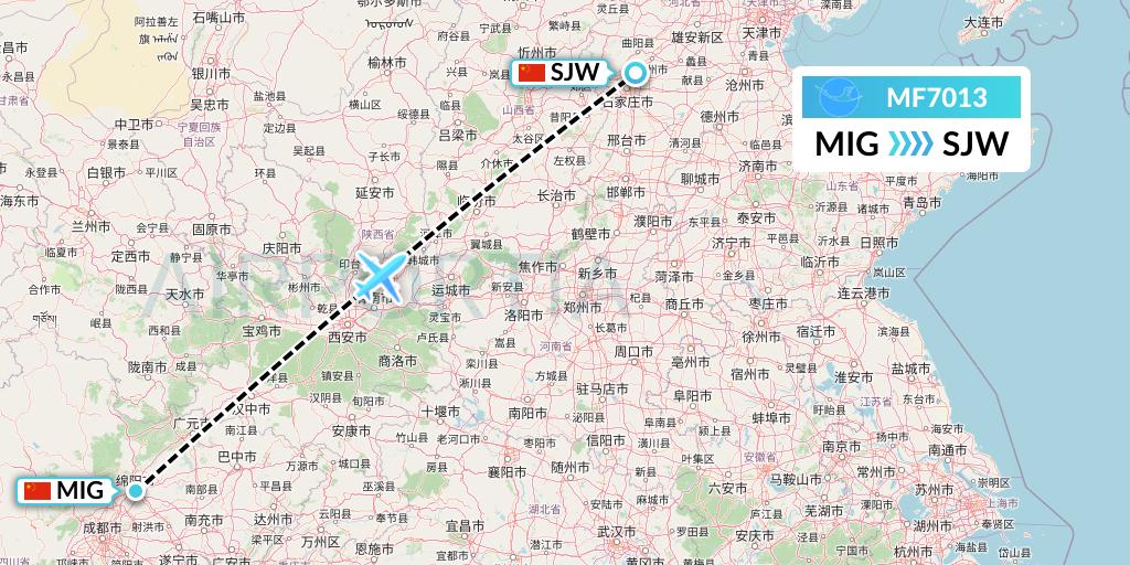 MF7013 Xiamen Airlines Flight Map: Mianyang to Shijiazhuang