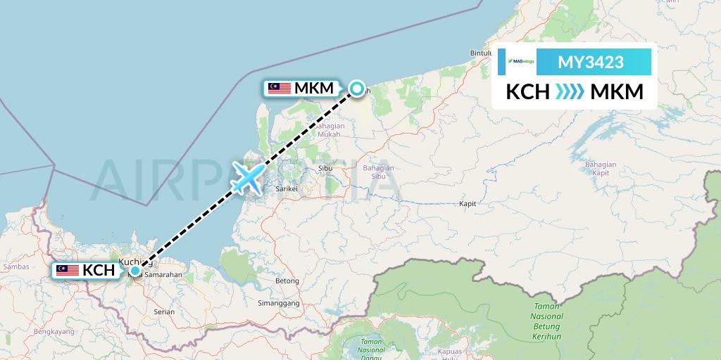 MY3423 MASwings Flight Map: Kuching to Mukah