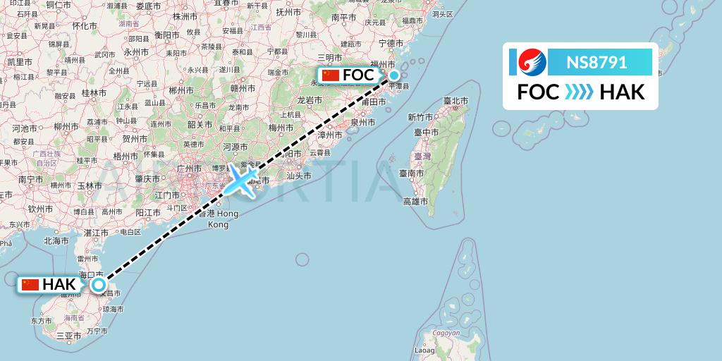 NS8791 Hebei Airlines Flight Map: Fuzhou to Haikou