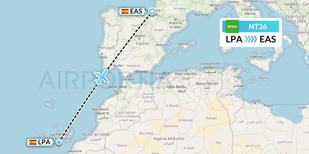 NT36 Binter Canarias Flight Map: Las Palmas to San Sebastian