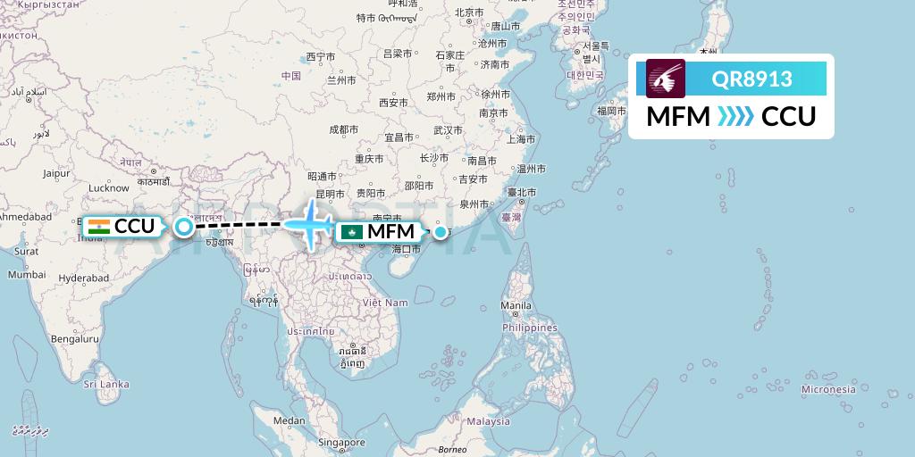 QR8913 Qatar Airways Flight Map: Macau to Kolkata