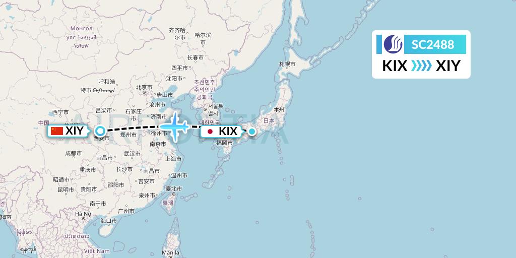 SC2488 Shandong Airlines Flight Map: Osaka to Xi'an