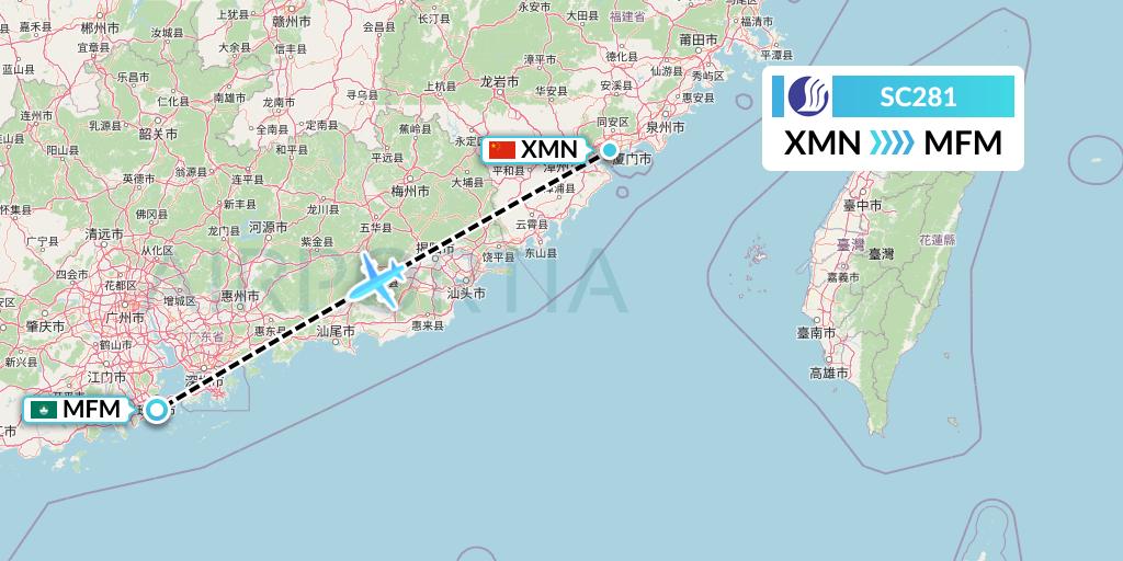 SC281 Shandong Airlines Flight Map: Xiamen to Macau
