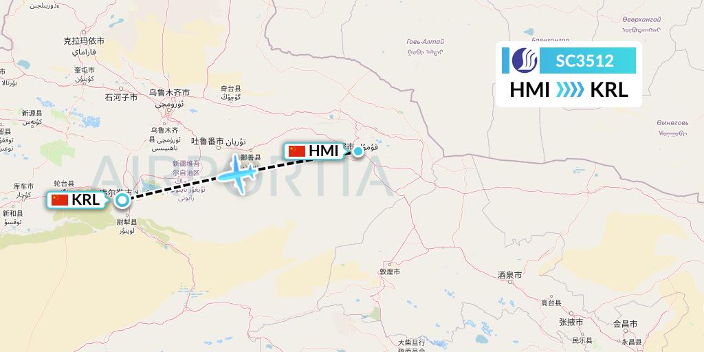SC3512 Shandong Airlines Flight Map: Hami City to Korla