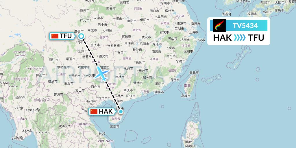 TV5434 Tibet Airlines Flight Map: Haikou to Chengdu