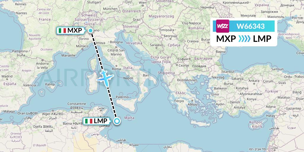 W66343 Wizz Air Flight Map: Milan to Lampedusa