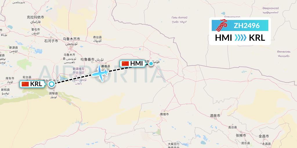 ZH2496 Shenzhen Airlines Flight Map: Hami City to Korla
