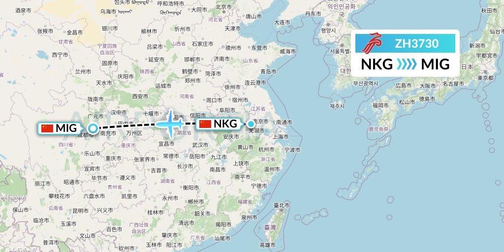 ZH3730 Shenzhen Airlines Flight Map: Nanjing to Mianyang