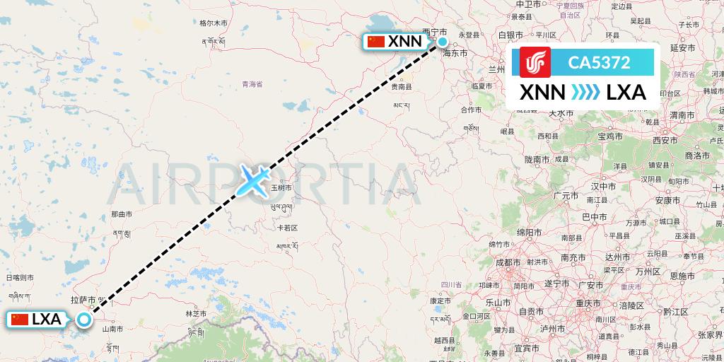 CA5372 Air China Flight Map: Xining to Lhasa