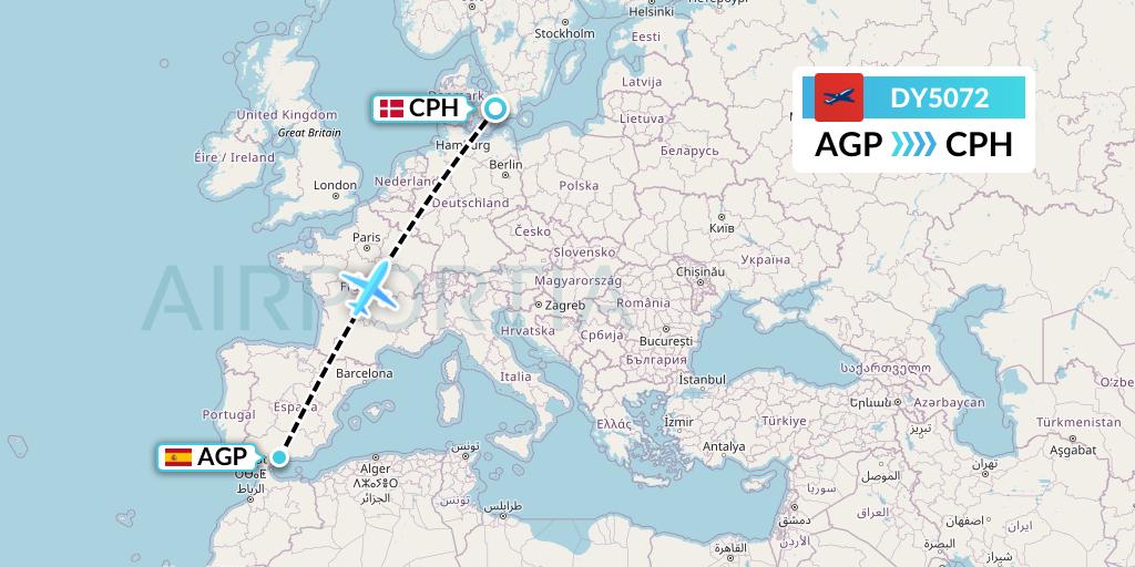 DY5072 Norwegian Flight Map: Malaga to Copenhagen