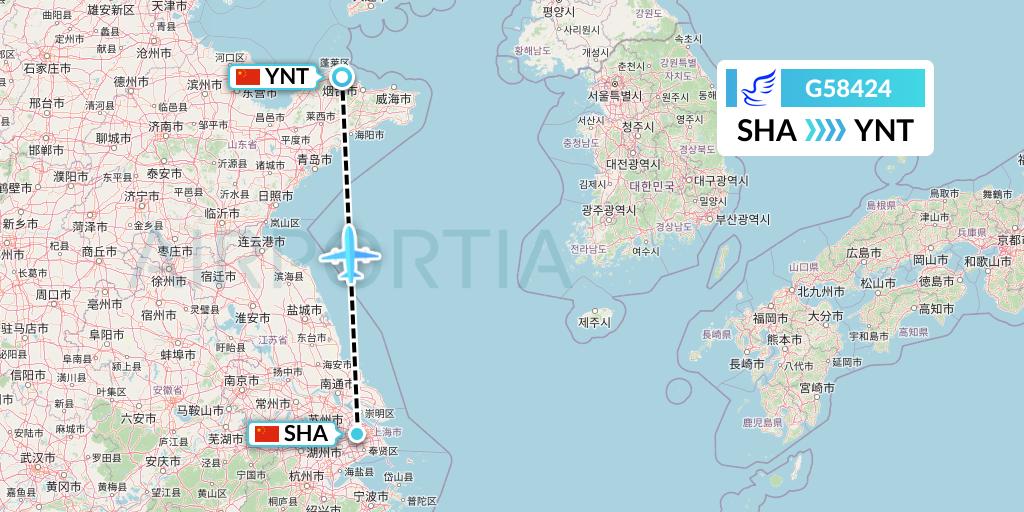 G58424 China Express Airlines Flight Map: Shanghai to Yantai