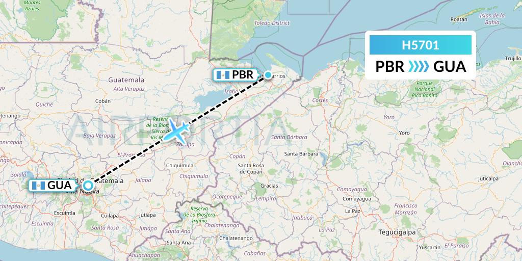 H5701 MAVIAL - Magadan Airlines Flight Map: Puerto Barrios to Guatemala City