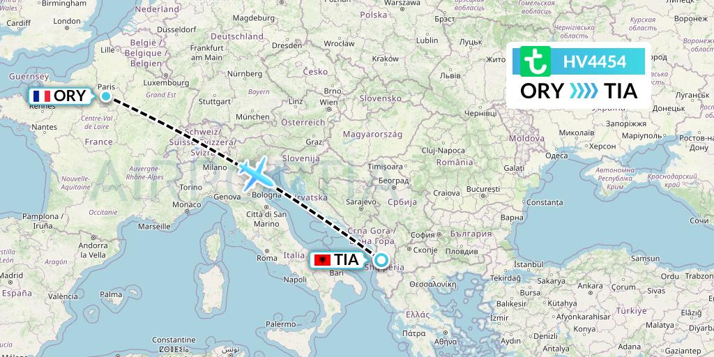 HV4454 Transavia Flight Map: Paris to Tirana