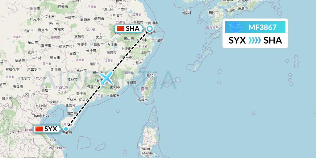 MF3867 Xiamen Airlines Flight Map: Sanya to Shanghai