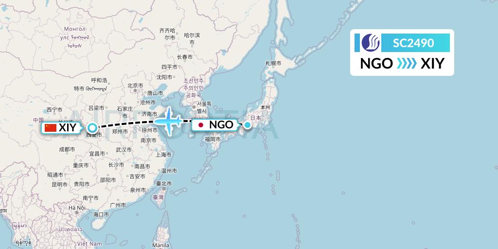 SC2490 Shandong Airlines Flight Map: Nagoya to Xi'an