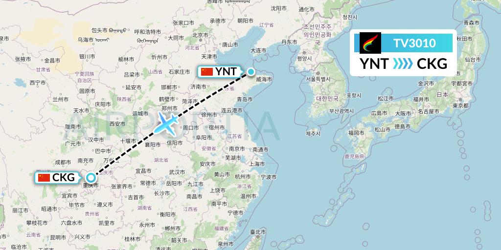 TV3010 Tibet Airlines Flight Map: Yantai to Chongqing