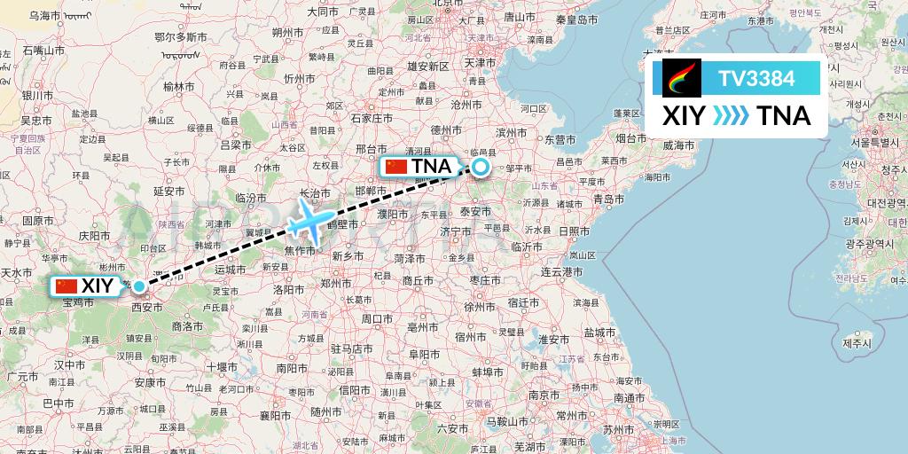 TV3384 Tibet Airlines Flight Map: Xi'an to Jinan