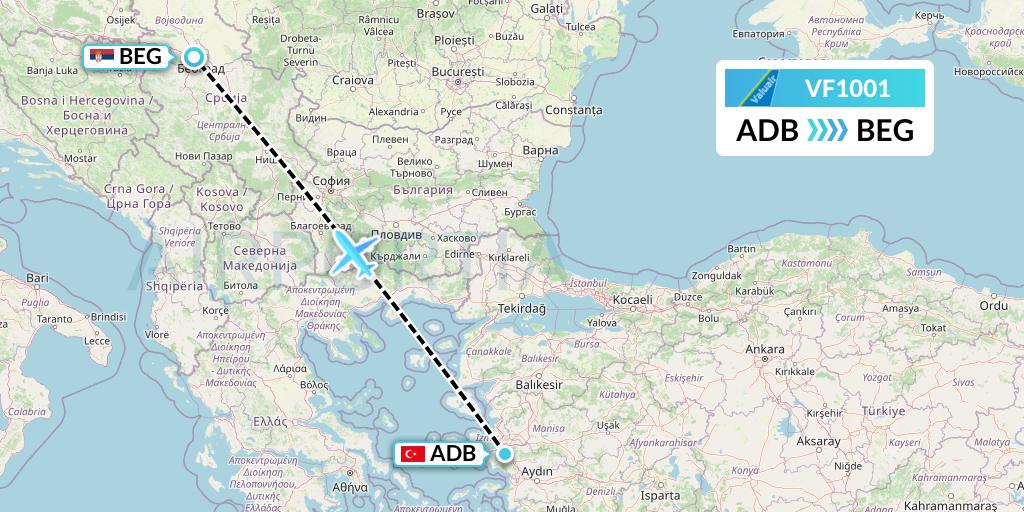 VF1001 ValuAir Flight Map: Izmir to Belgrade