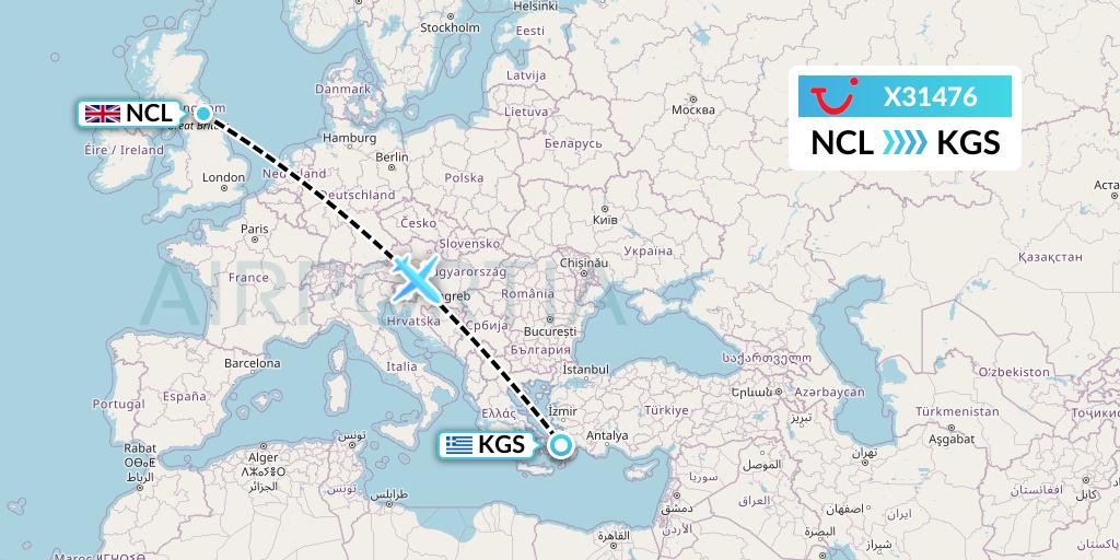 X31476 TUI fly Germany Flight Map: Newcastle to Kos