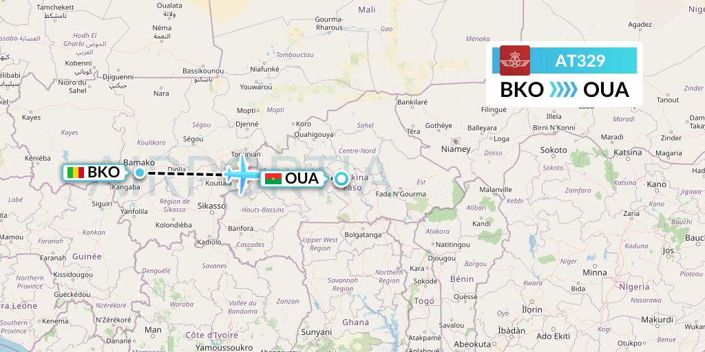 AT329 Royal Air Maroc Flight Map: Bamako to Ouagadougou