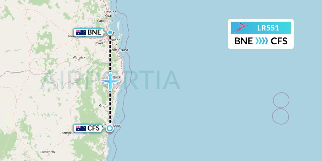 LR551 Lacsa Flight Map: Brisbane to Coffs Harbour